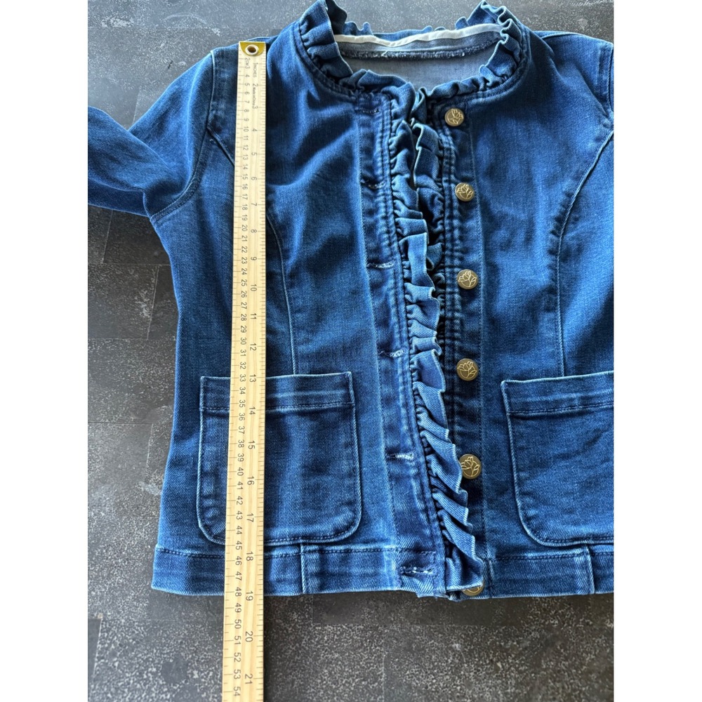 Draper James RSVP Ruffle Denim Jacket XS Button Front Romantic‎ Fitted Stretch - Picture 9 of 12